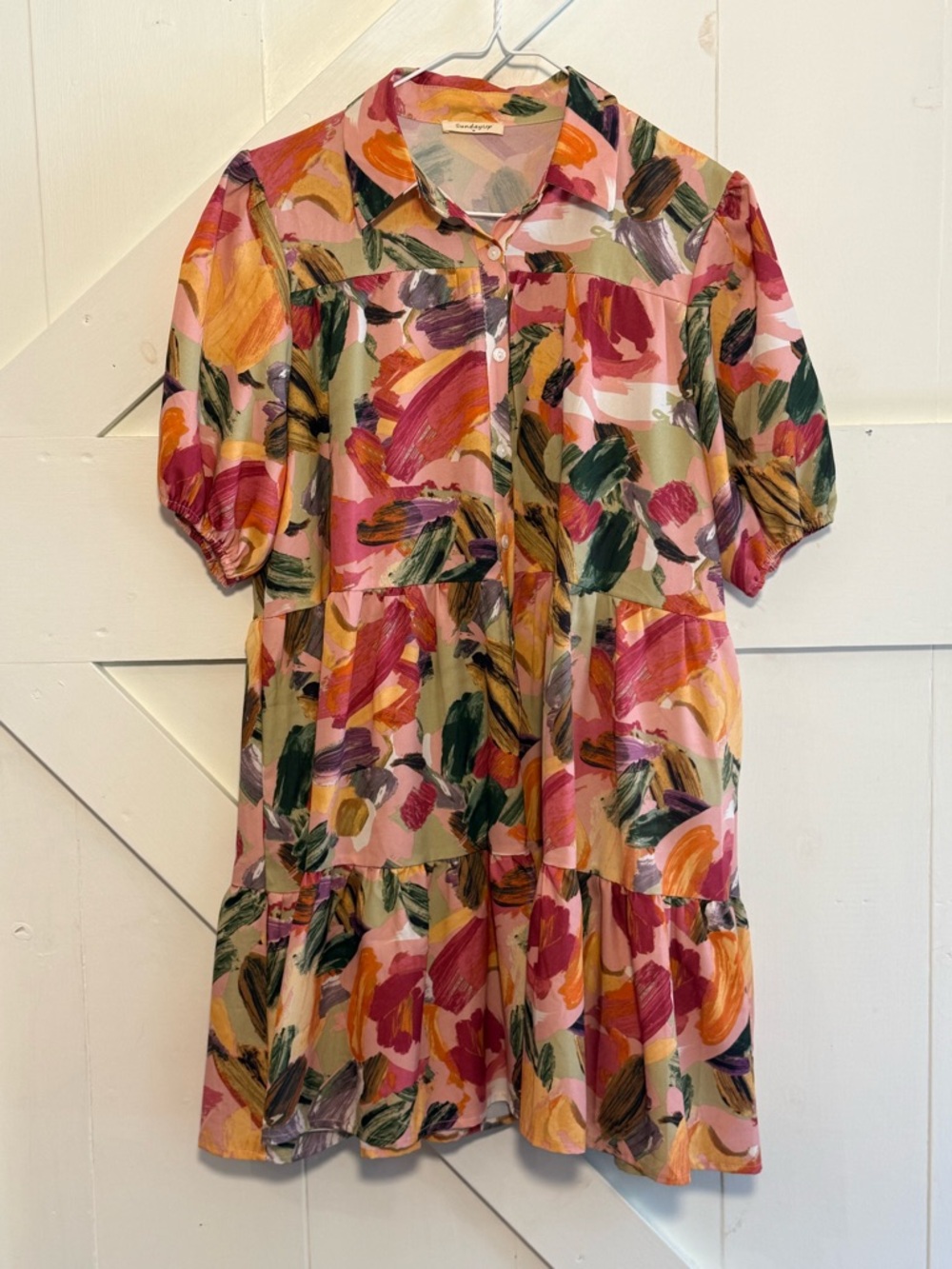 Sunday Up Medium Abstract Floral Tiered Shirt Dress Puff Sleeve Pink Midi
